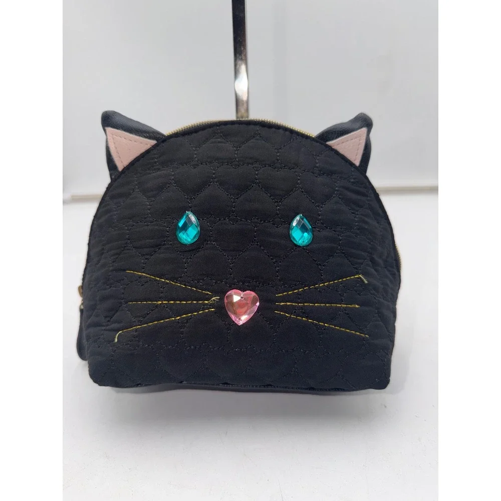Betsey Johnson Black Quilted Heart Cat Face Cosmetic Bag Rhinestone Eyes Pouch